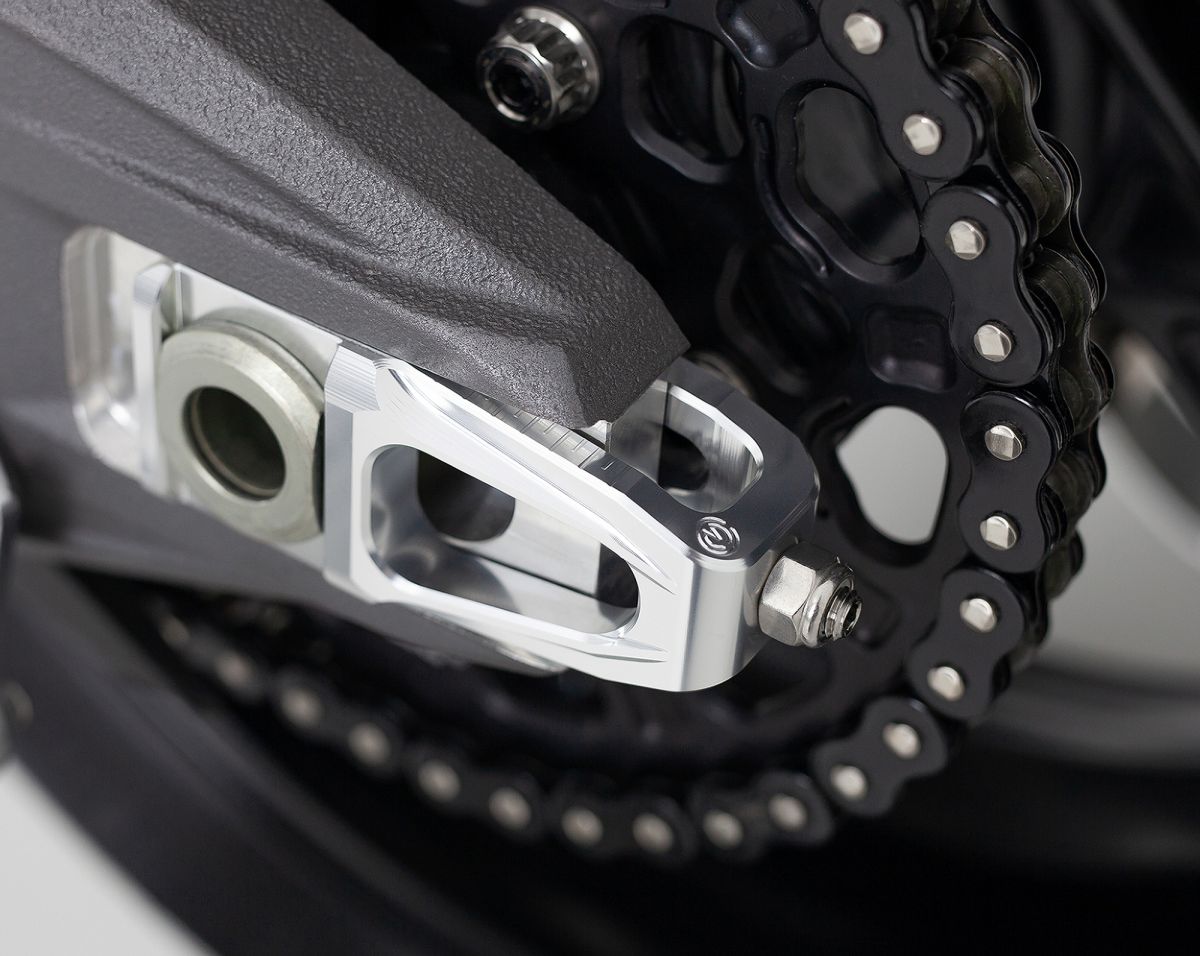Motocorse Billet Aluminum Chain Adjuster and Rear Brake Caliper Support Bracket for Brembo 69.5mm P2-30 XA6H530 Radial Caliper - Ducati Panigale / Streetfighter V4 (2025+)