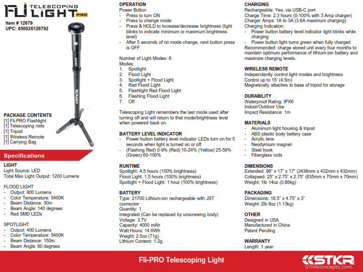 Fli Pro Telescoping Light 8' With Removable Flashlight