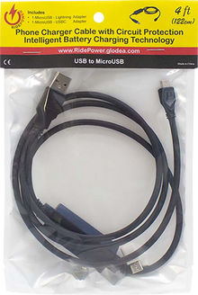 RIDEPOWER Phone Charging Cable - USB to Micro USB - 4' 1248USBMUSB4FT