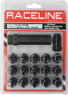 RACELINE WHEELS Lug Nuts - Spline Socket - 12 mm x 1.25" - with Spline Key - Black - 16 Pack RLUG-CS19B