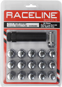 RACELINE WHEELS Lug Nuts - Spline Socket - 12 mm x 1.25" - with Spline Key - Chrome - 16 Pack RLUG-CS19C