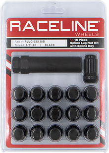 RACELINE WHEELS Lug Nuts - Spline Socket - 1/2"-20 - with Spline Key - Black - 16 Pack RLUG-CS120B