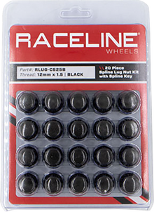 RACELINE WHEELS Lug Nuts - Spline Socket - 12 mm x 1.5" - with Spline Key - Black - 20 Pack RLUG-CS25B