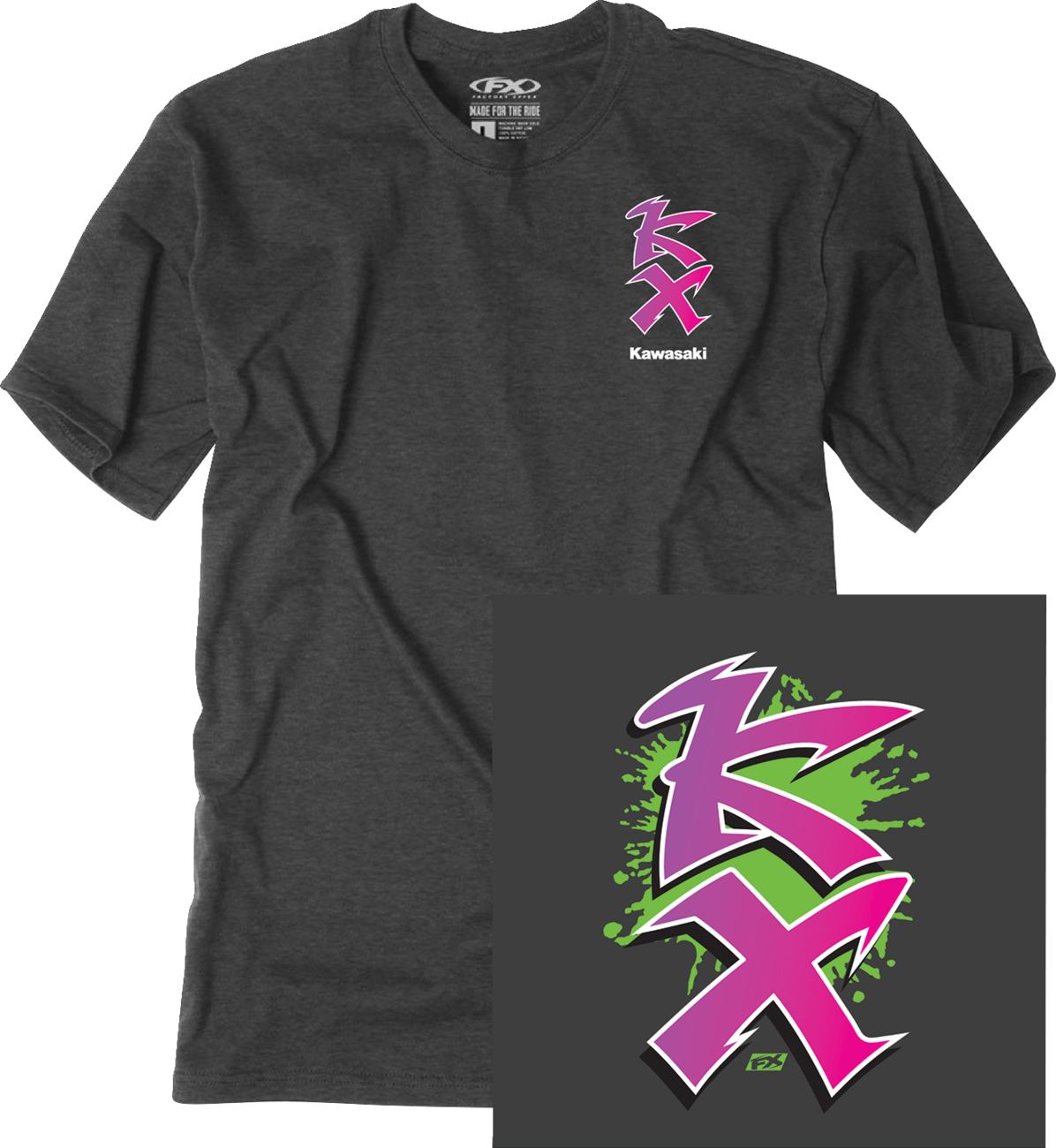FACTORY EFFEX Kawasaki Retro KX T-Shirt - Heather Charcoal - Large 28-87114