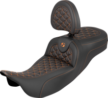SADDLEMEN RoadSofa™ Tri Gripper Seat - Extended Reach - Orange Stitch - w/ Backrest - FLH/FLT '08-'25 808-07B-211B3