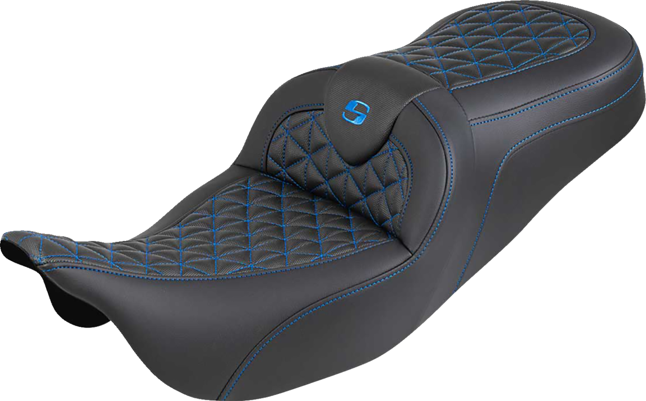 SADDLEMEN RoadSofa™ Tri Gripper Seat - Standard Reach - Blue Stitch - w/o Backrest - FLH/FLT '08-'25 808-07B-21001
