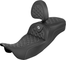 SADDLEMEN RoadSofa™ Tri Gripper Seat - Extended Reach - White Stitch - w/ Backrest - FLH/FLT '08-'25 808-07B-211B6