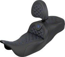 SADDLEMEN RoadSofa™ Tri Gripper Seat - Extended Reach - Blue Stitch - w/ Backrest - FLH/FLT '08-'25 808-07B-211B1