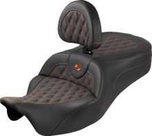 SADDLEMEN Roadsofa™ King Seat - With Backrest - Lattice Stitch - Orange Stitch - FLH/FLT '08-'25 808-07B-182SB3