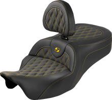SADDLEMEN Roadsofa™ King Seat - With Backrest - Lattice Stitch - Gold Stitch - FLH/FLT '08-'25 808-07B-182SB7