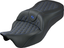 SADDLEMEN Roadsofa™ King Seat - No Backrest - Lattice Stitch - Blue Stitch - FLH/FLT '08-'25 808-07B-182S01