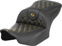 SADDLEMEN Roadsofa™ Seat - Carbon Fiber - without Backrest - Gold Lattice Stitch - FLH/FLT '23-'25 823-07-20607