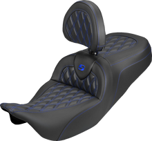 SADDLEMEN Roadsofa™ Carbon Fiber Seat - Lattice - Blue Stitch - With Backrest - FLH/FLT '08-'25 808-07B-206B1