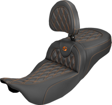 SADDLEMEN Extended Reach Roadsofa™ Carbon Fiber Seat - Lattice - Orange Stitch - With Backrest - FL '08-'25 808-07B-207B3