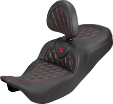 SADDLEMEN Roadsofa™ Carbon Fiber Seat - Lattice - Red Stitch - With Backrest - FLH/FLT '08-'25 808-07B-206B4