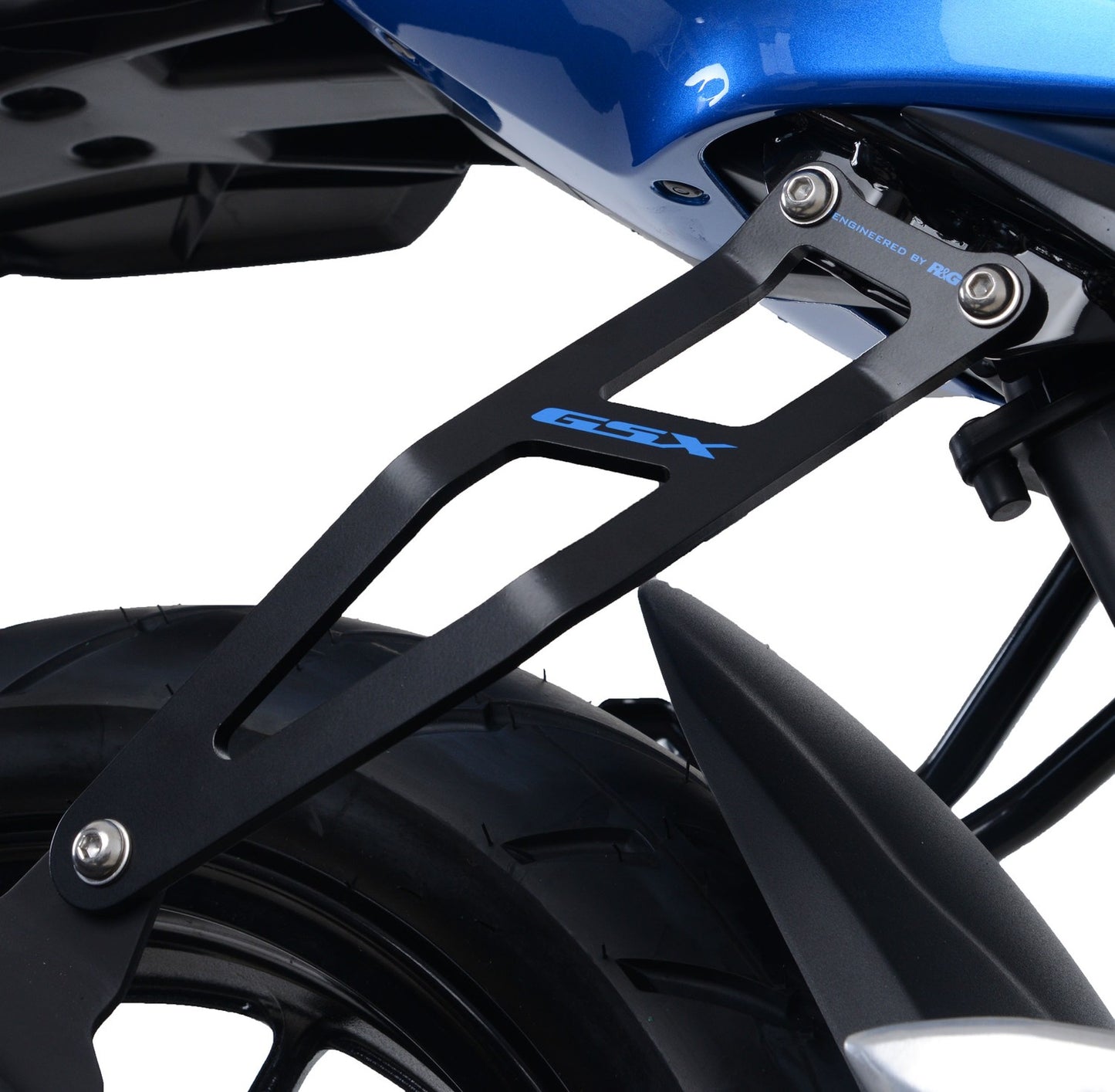 R&G Racing,Exhaust Hanger (Black) with Blue Logo and LHS Footrest Blanking Plate for Suzuki GSX-R125 / GSX-S125 ' 17-'21
