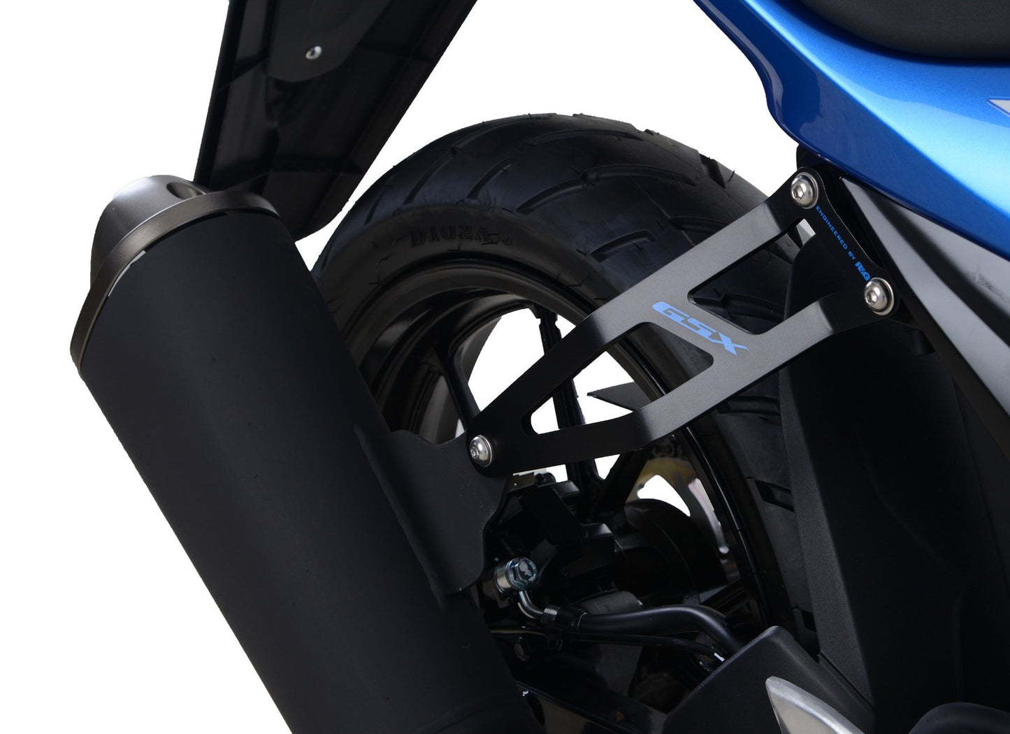 R&G Racing,Exhaust Hanger (Black) with Blue Logo and LHS Footrest Blanking Plate for Suzuki GSX-R125 / GSX-S125 ' 17-'21
