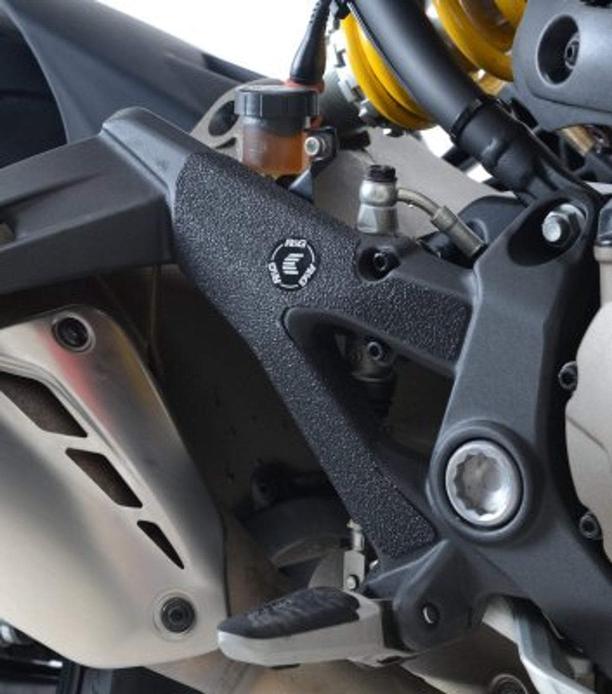 R&G Racing Boot Guard 2-piece (mounts to footrest hangers) for Ducati Monster 821 '14-'21, Monster 1200 '11-'22, Monster 1200S '14-'22