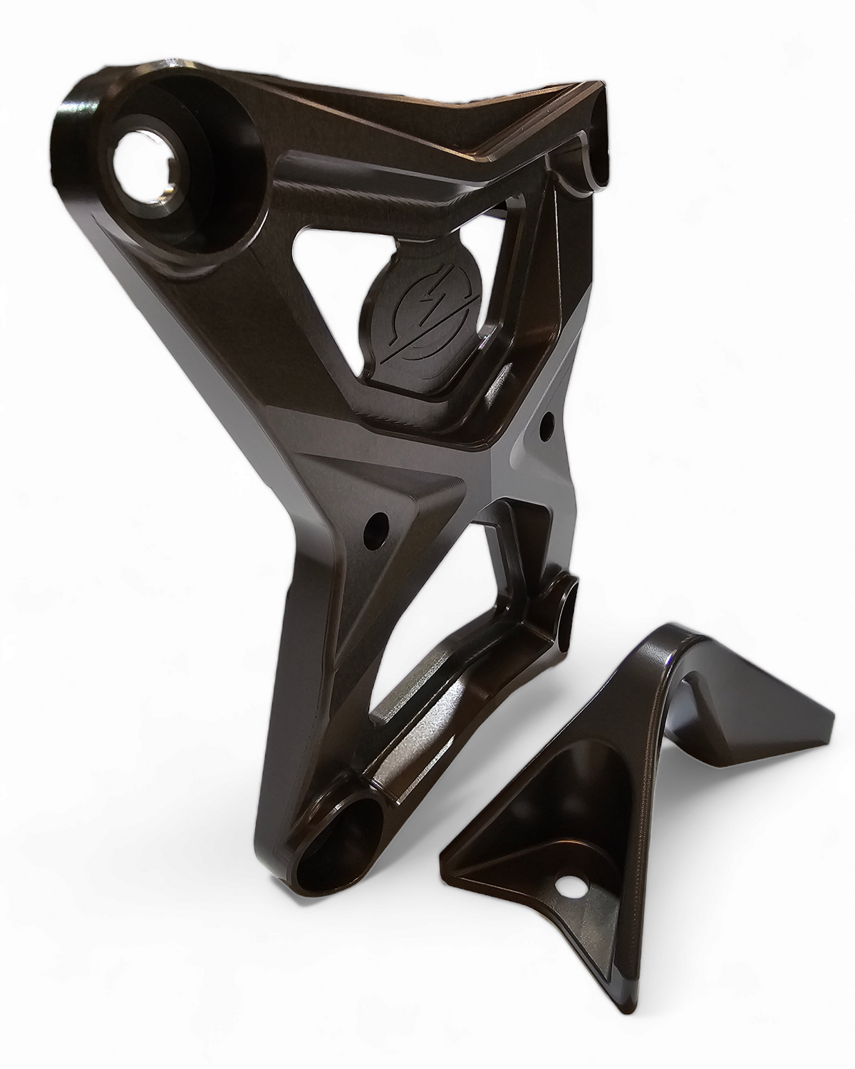 Built-in tow hook detail on Polaris RZR Pro XP gunmetal radius rod plate