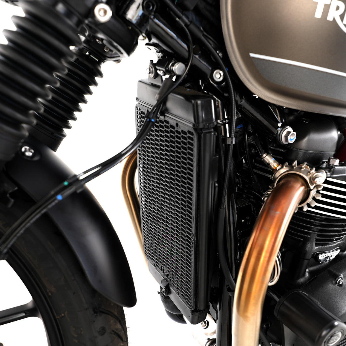 R&G Racing Pro Radiator Guard for the Triumph Thruxton 1200 / Bonneville T100 / Street Twin '16-23, Street Cup / Bonneville T100 '17-23, Speed Twin 1200 '19-21 and Speed Twin 900 '22-23