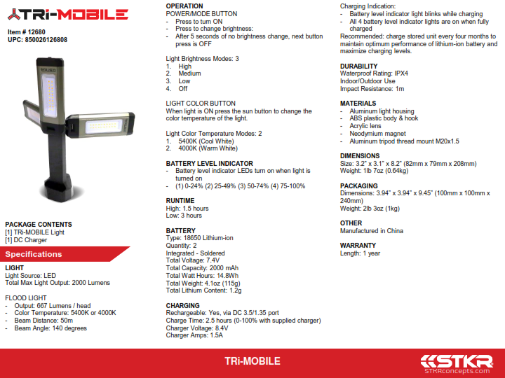 Tri Mobile Work Light 2000 Lumen