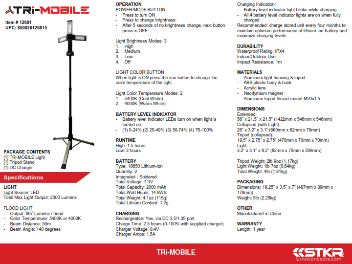 Tri Mobile Work Light W/Tripod 2000 Lumen