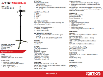 Tri Mobile Work Light W/Tripod 2000 Lumen