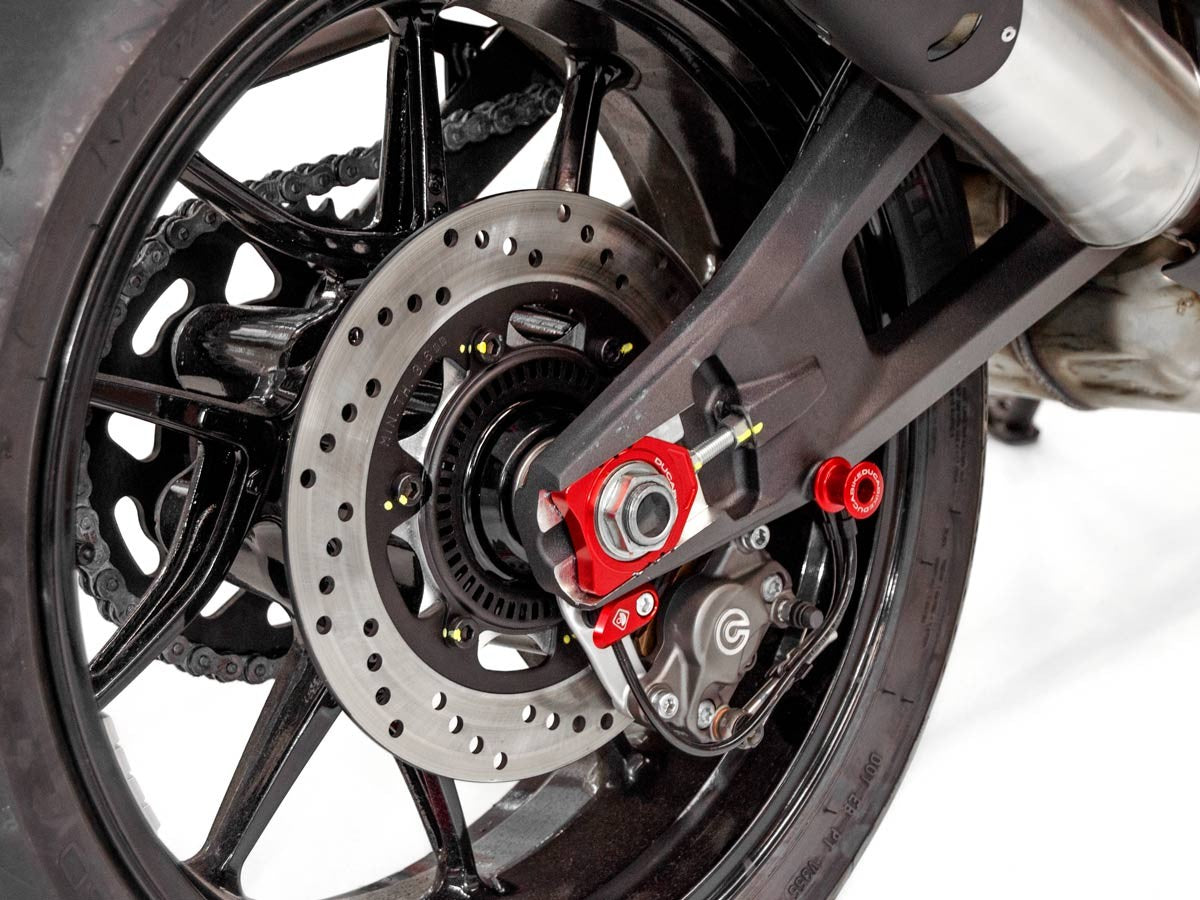 DBK Special Parts (Ducabike) Billet Chain Adjusters for the Ducati Monster 937, Hypermotard 698 Mono, and 2025+ V2 models