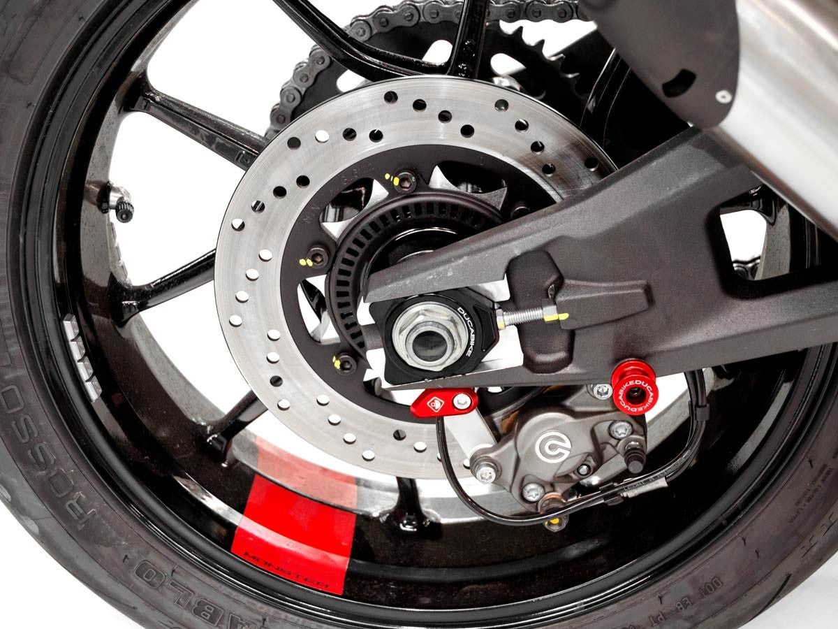 DBK Special Parts (Ducabike) Billet Chain Adjusters for the Ducati Monster 937, Hypermotard 698 Mono, and 2025+ V2 models