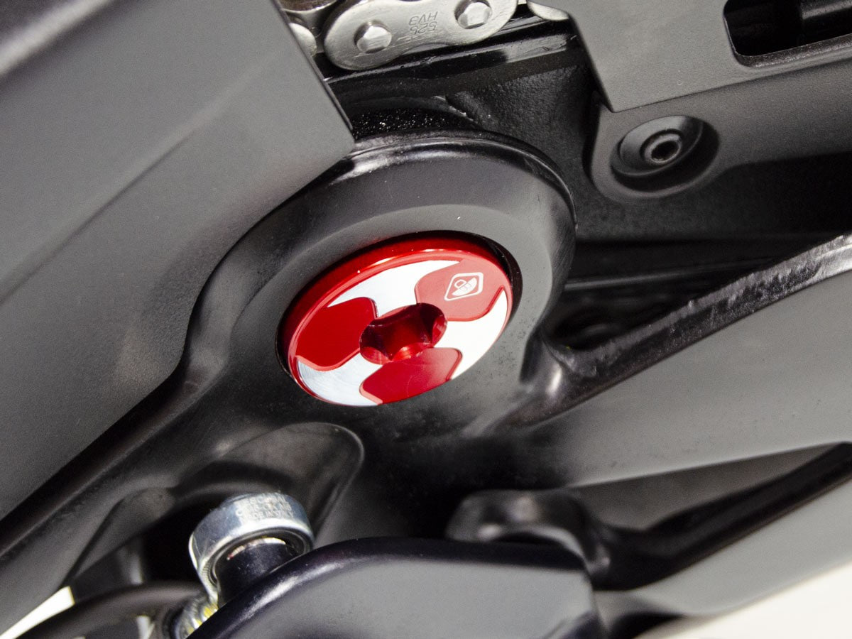 DBK Special Parts (Ducabike) Tri Blade Contrast Cut Billet Swingarm Caps for the Ducati Diavel V4
