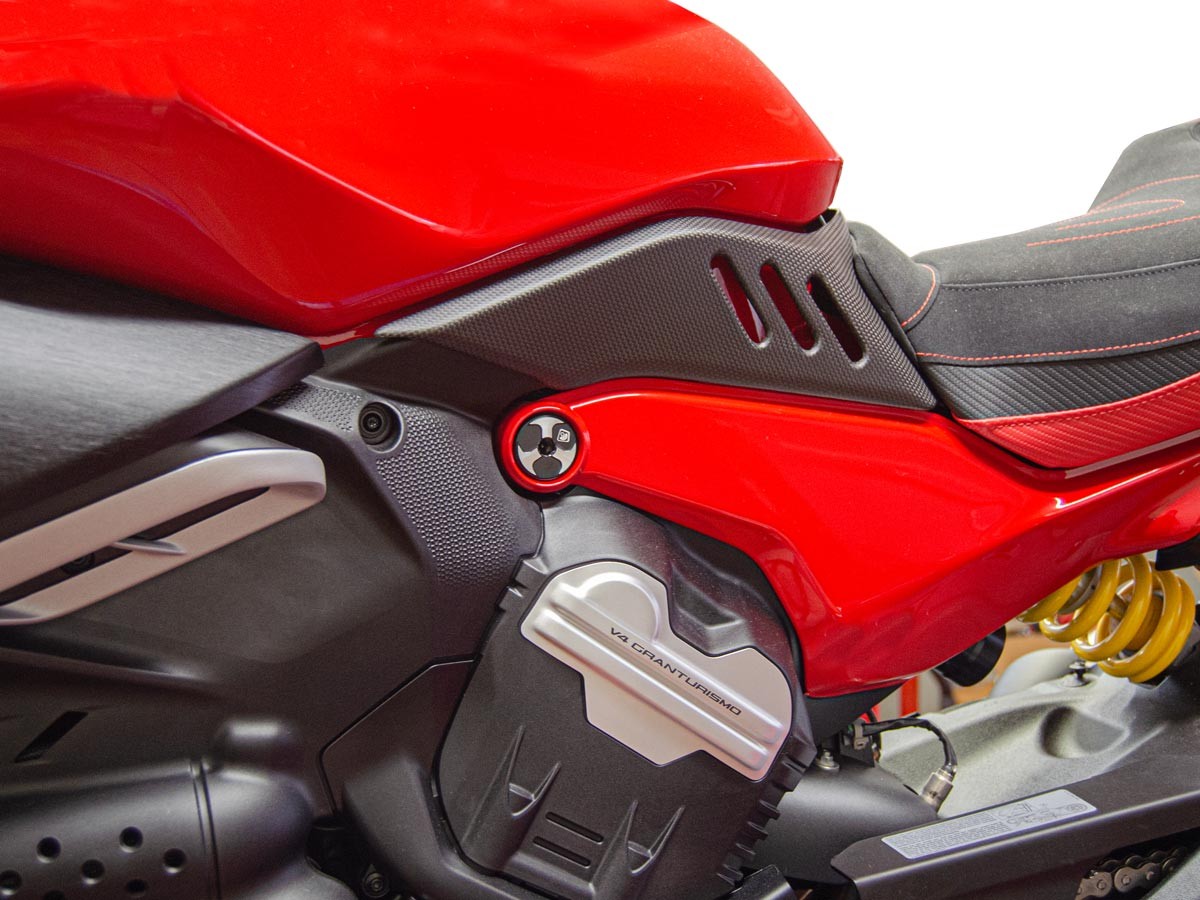DBK Special Parts (Ducabike) Tri Blade Contrast Cut Billet Main Frame Caps for the Ducati Diavel V4