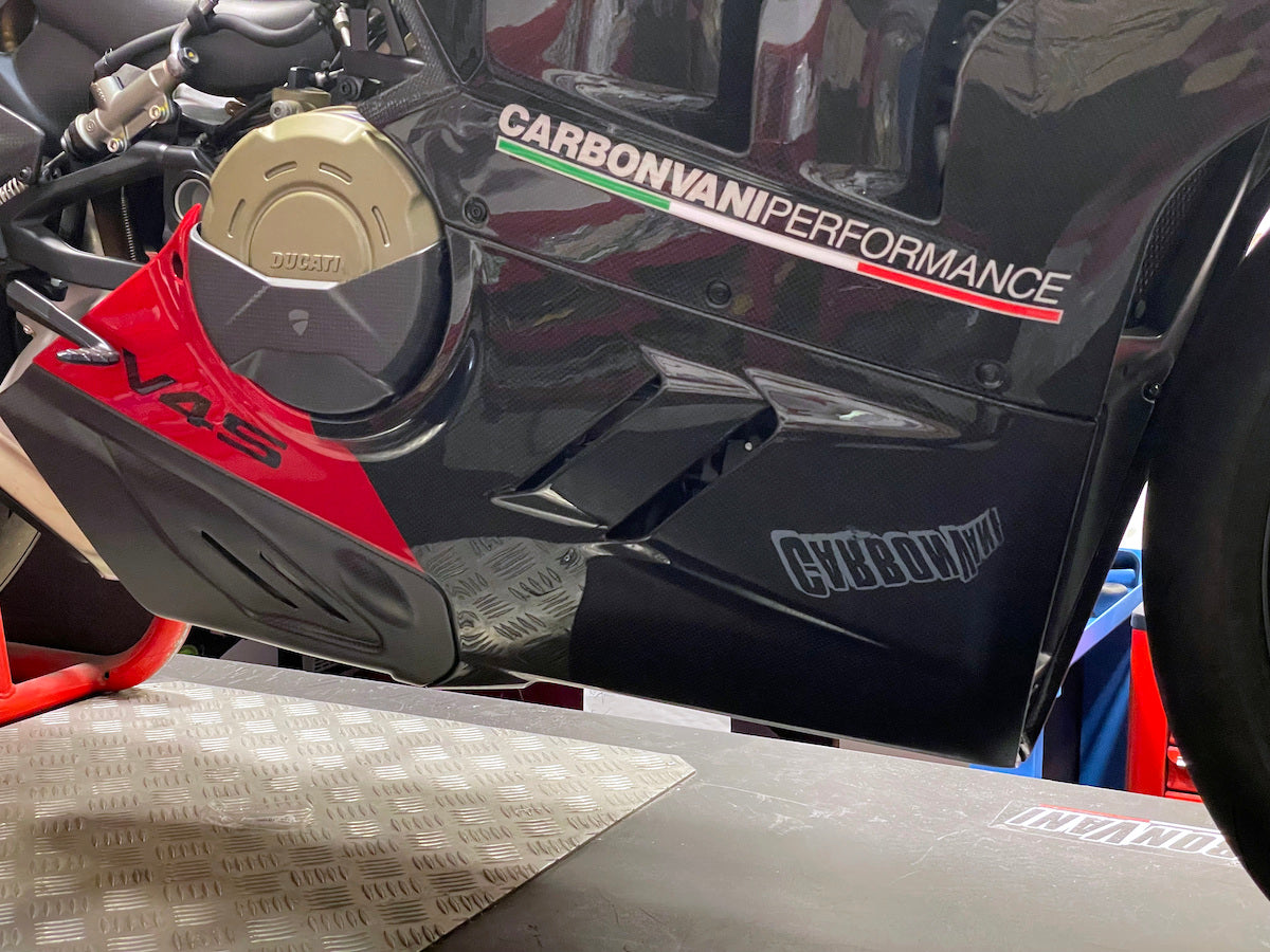 Carbonvani - Ducati Panigale V4 / S / R Carbon Fiber Belly Pan For Akrapovic Exhaust (2 piece kit) - RED (2022+)